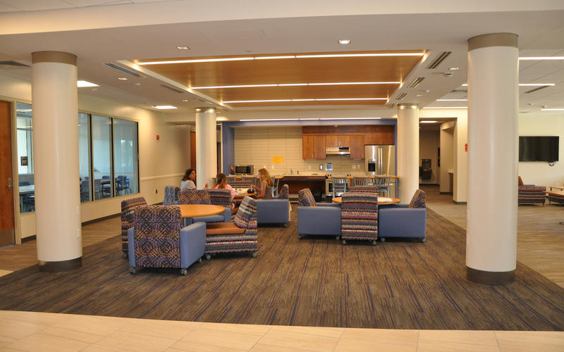 This is the main entrance lobby with a common space and seminar room