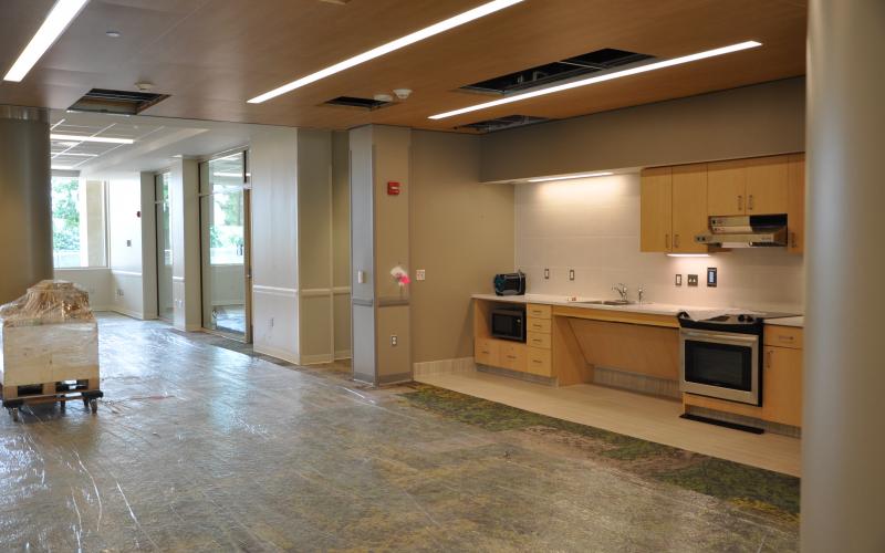 The lobby area of Martin Hall also has a glass enclosed meeting room