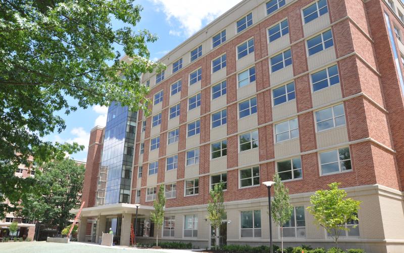 A view of the North Elevation of Martin Hall, landscape installation is underway