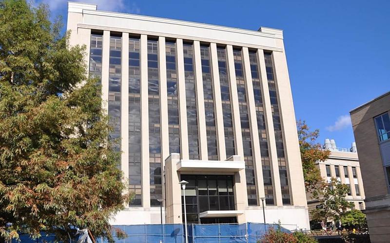 This is the south façade of Mueller Building and entry