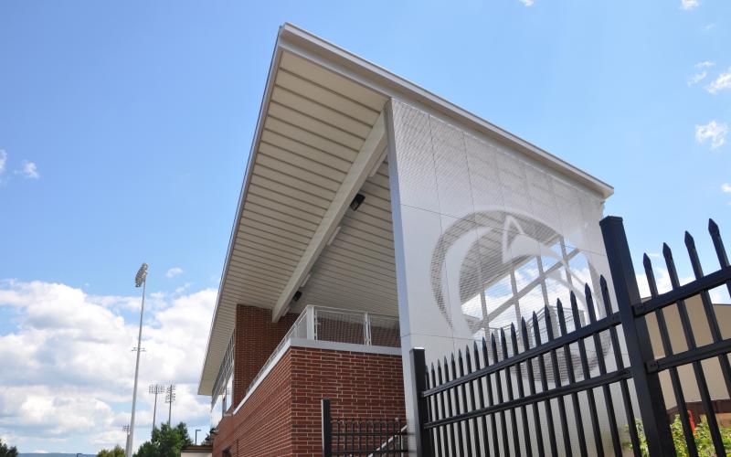 The new building has Restrooms and Concessions; this is a view of the North Elevation