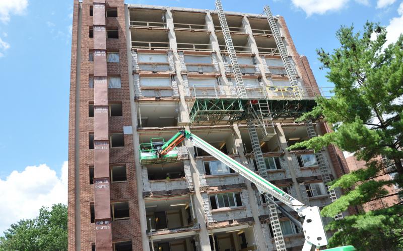 Demolition is underway at Tener Hall; waste from each floor is disposed in the movable chute