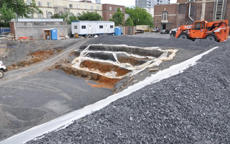 A view of the basement excavation; only half of the new building will have basement space, the building will extend towards the west